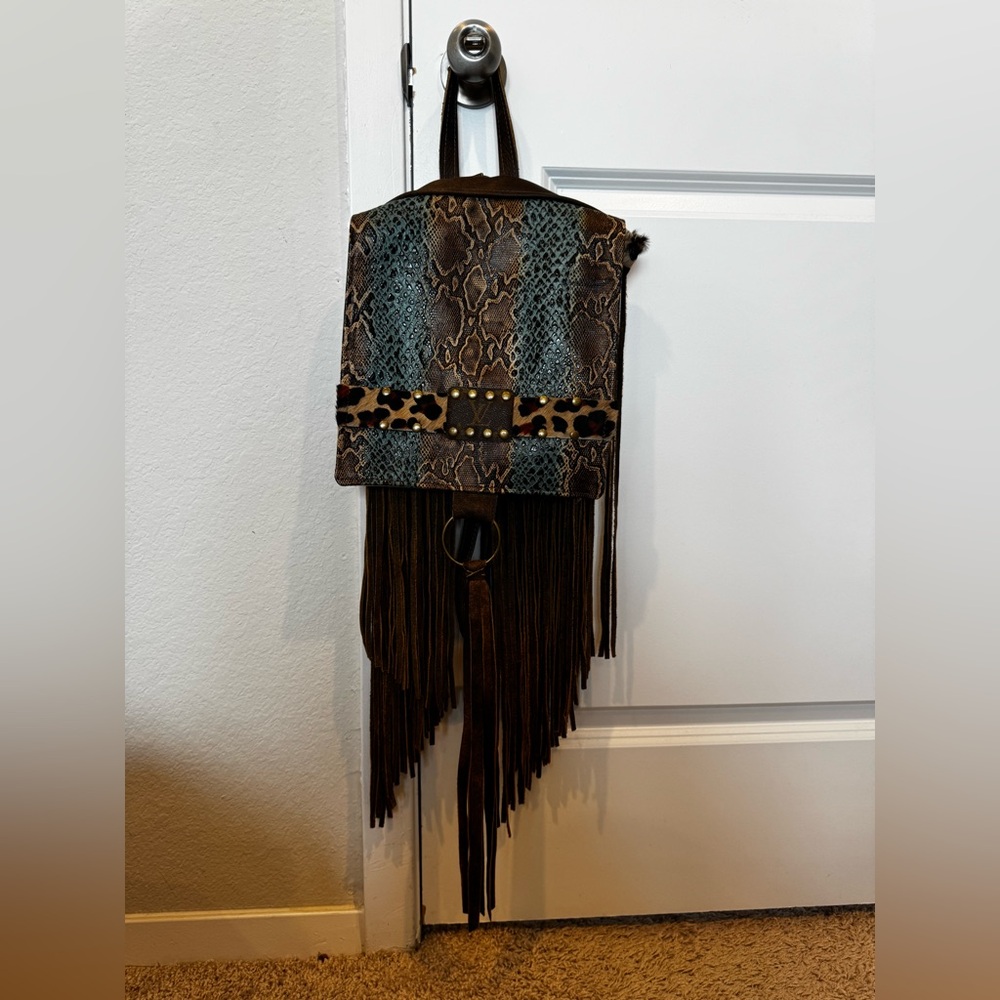 Brown, turquoise and Animal Print Backpack with Fringe